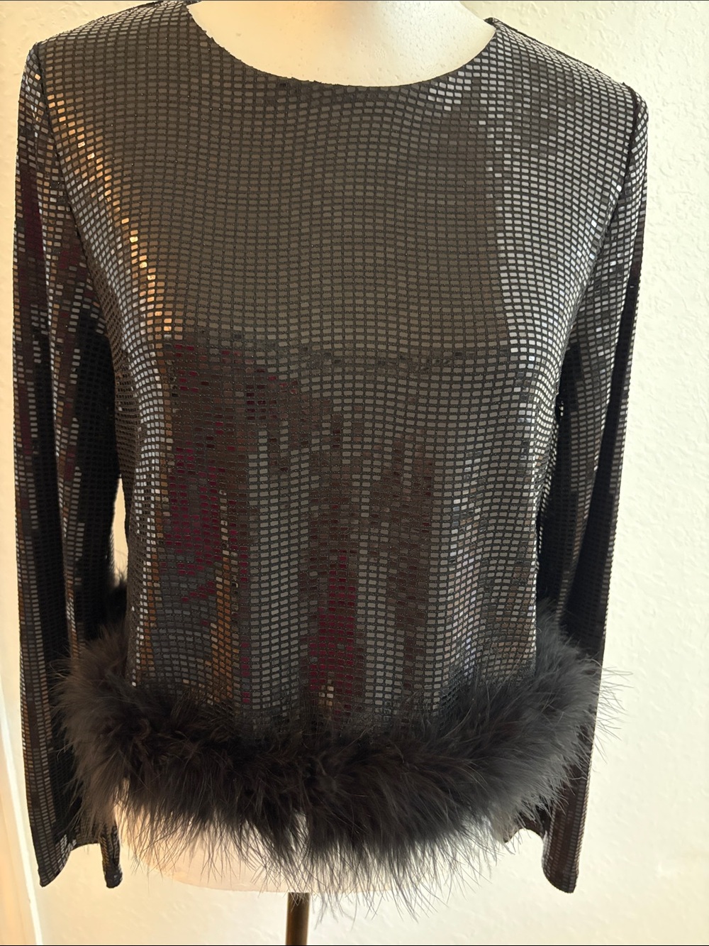 Sequined Long Sleeve Top with Feather Trim - Black